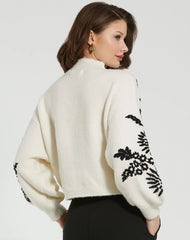 White Balloon Sleeve Cropped Mock Neck Knit Sweater