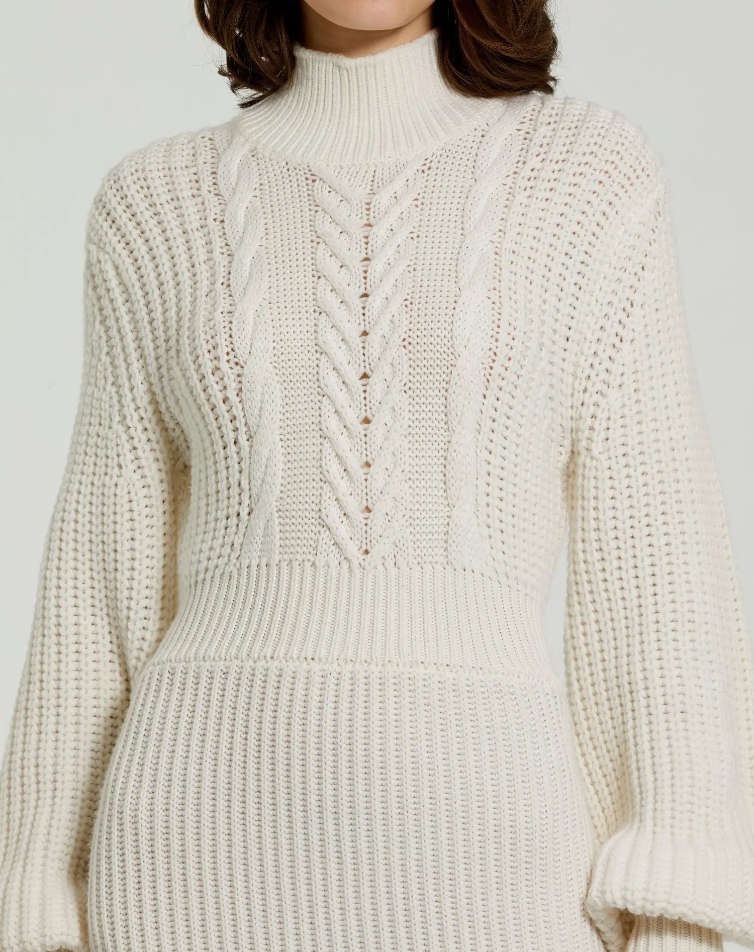 White Long Sleeve Turtle Neck Knit Midi Dress