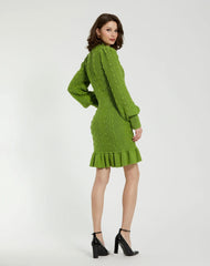 Green Long Sleeve Button Up Collared Bobble Knit Sweater Dress