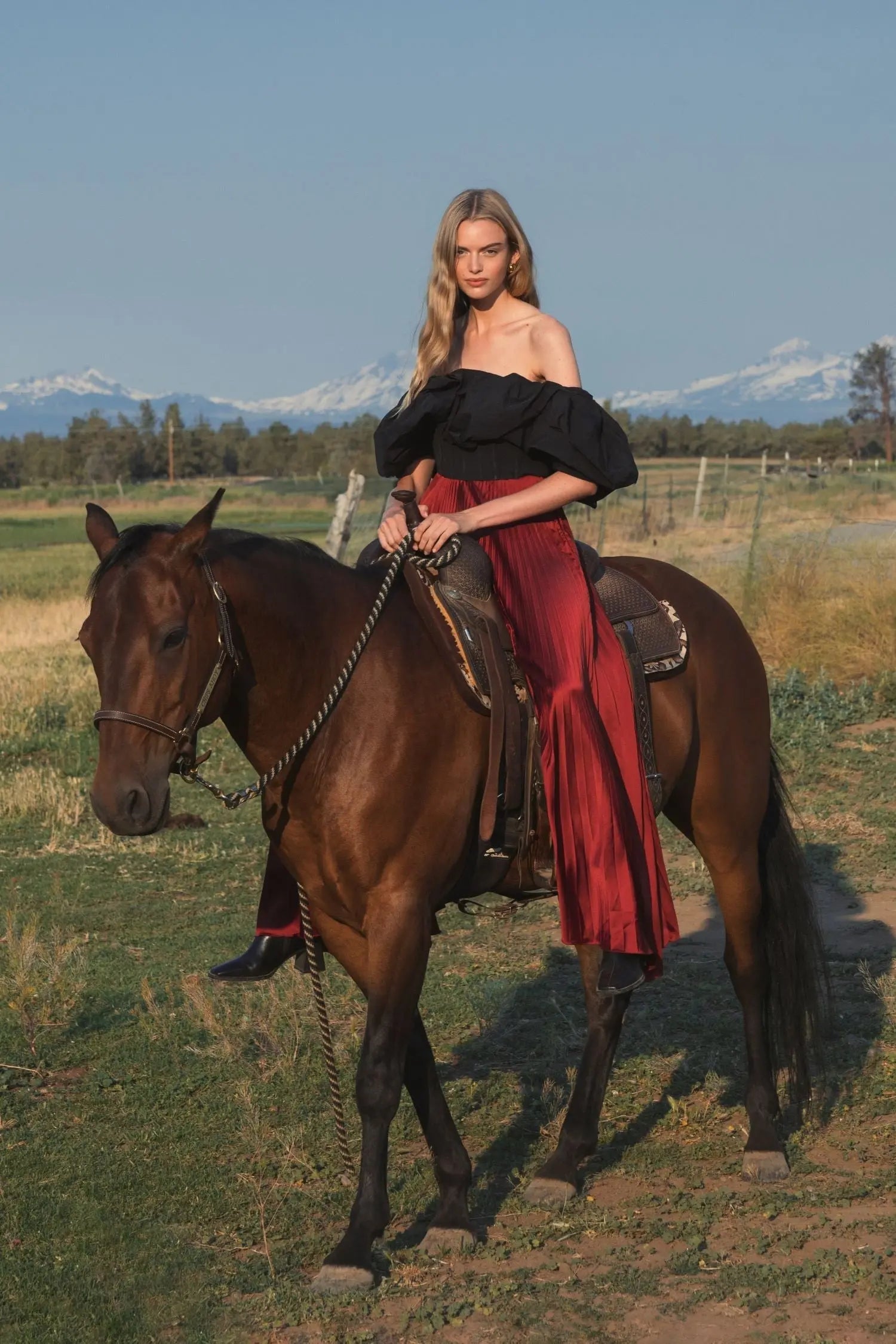 Red Pleated Charmeuse Wide Leg Pants
