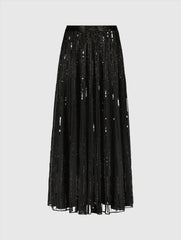 Black Long Sequin Embellished Chiffon Evening Skirt