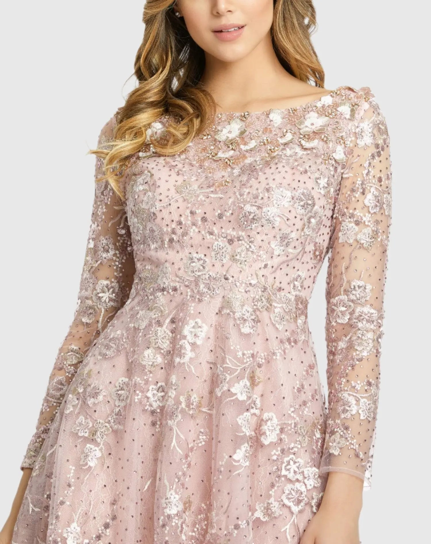 Long Sleeve Floral Embroidered Tea Length Dress