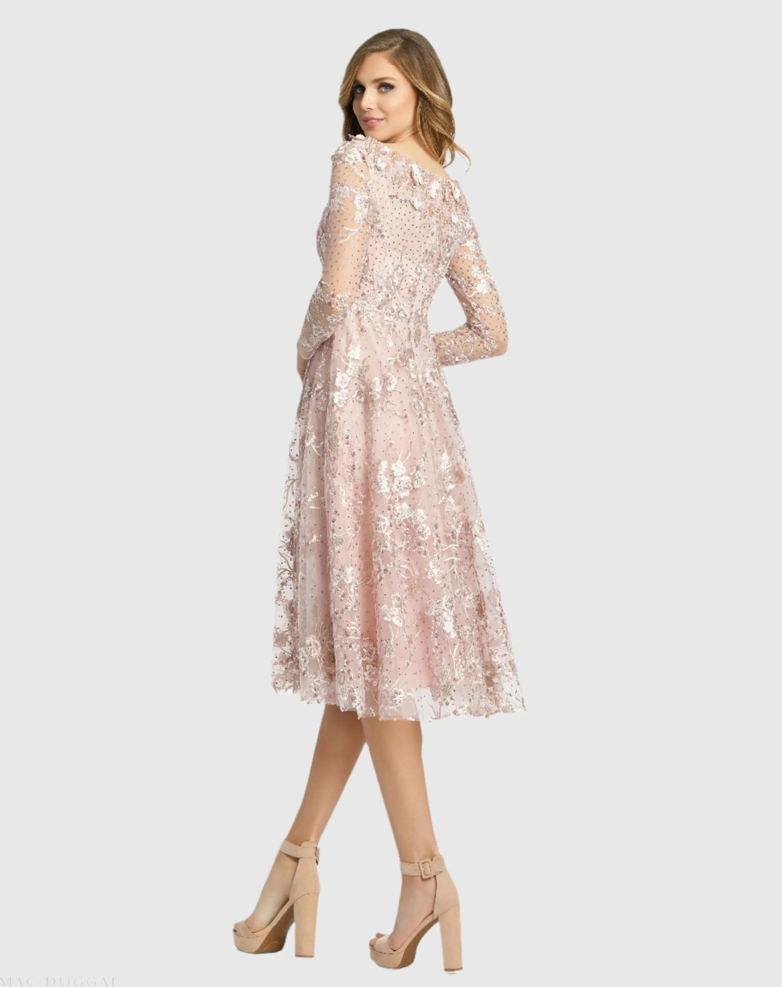 Long Sleeve Floral Embroidered Tea Length Dress