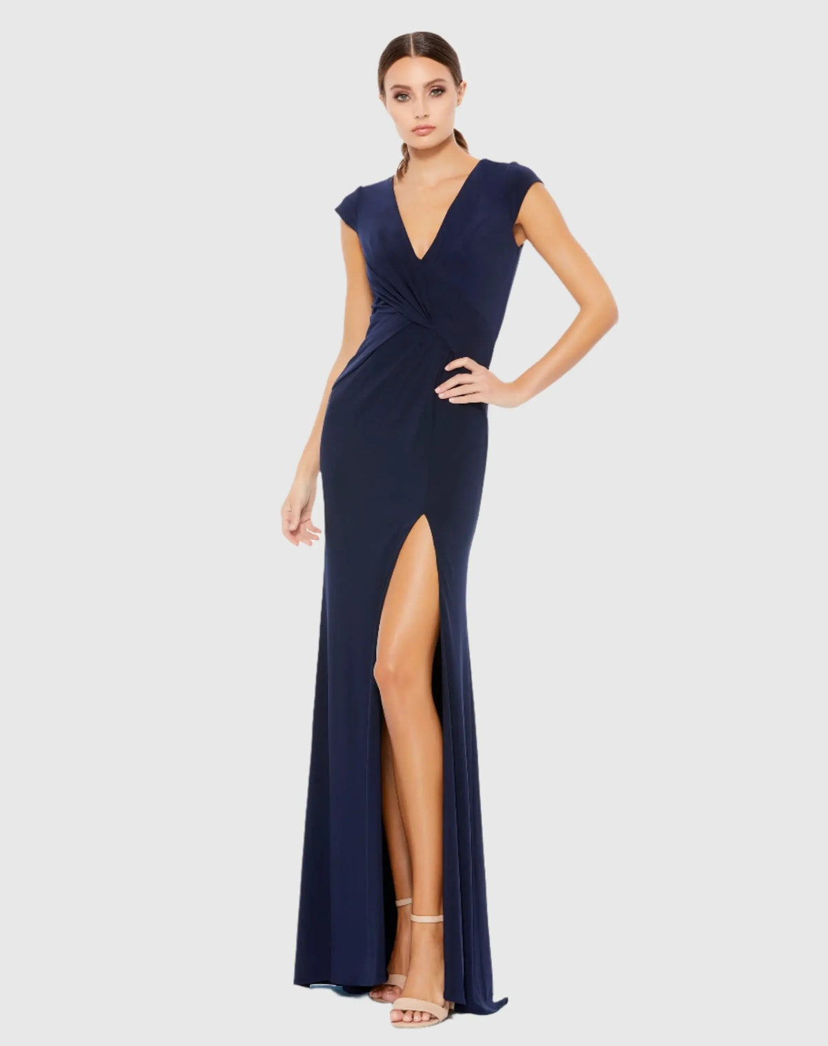Navy V-Neck Ruched Jersey Gown