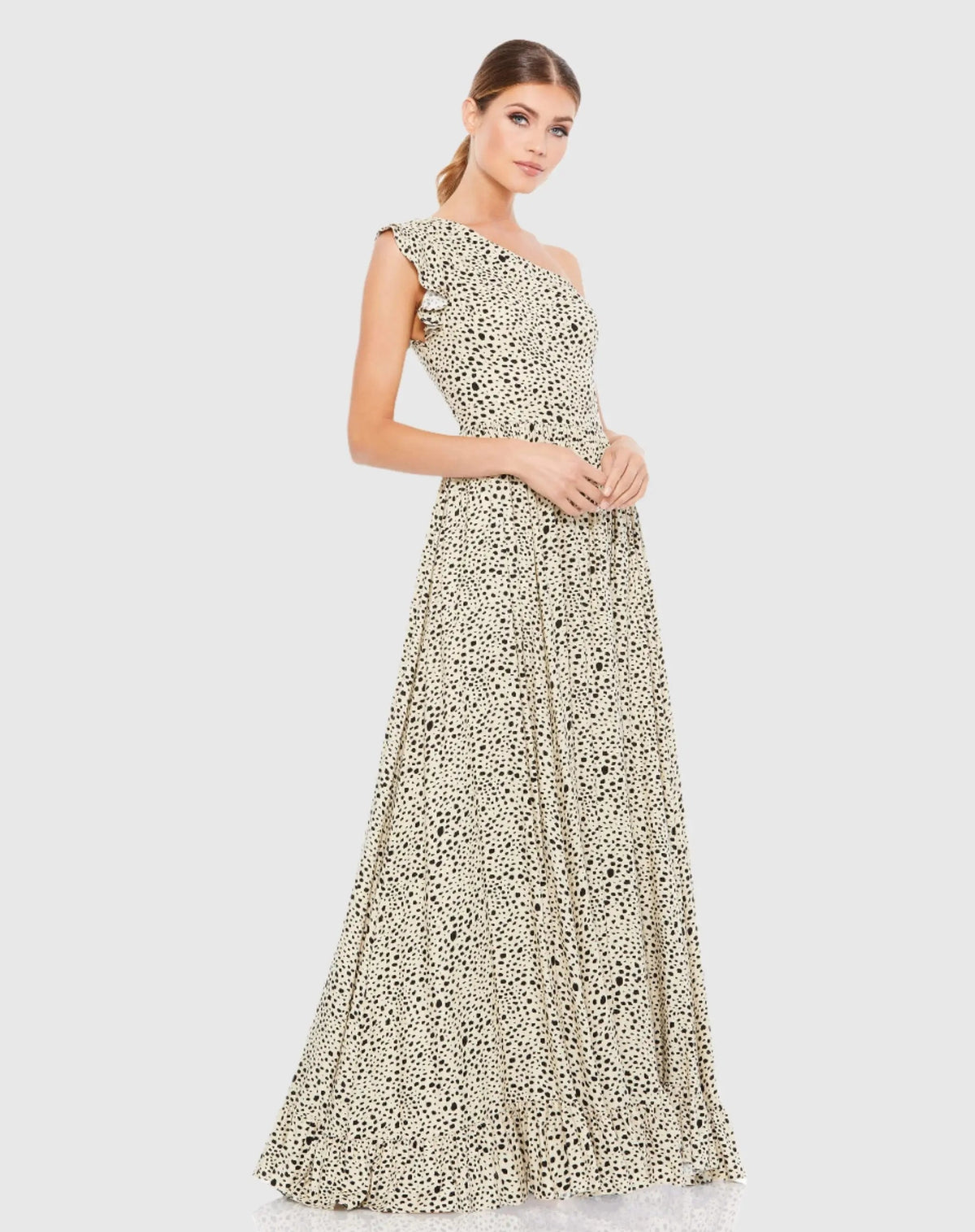 Beige One Shoulder Animal Print Gown