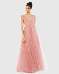 Pink Embellished Cap Sleeve V Neck Gown