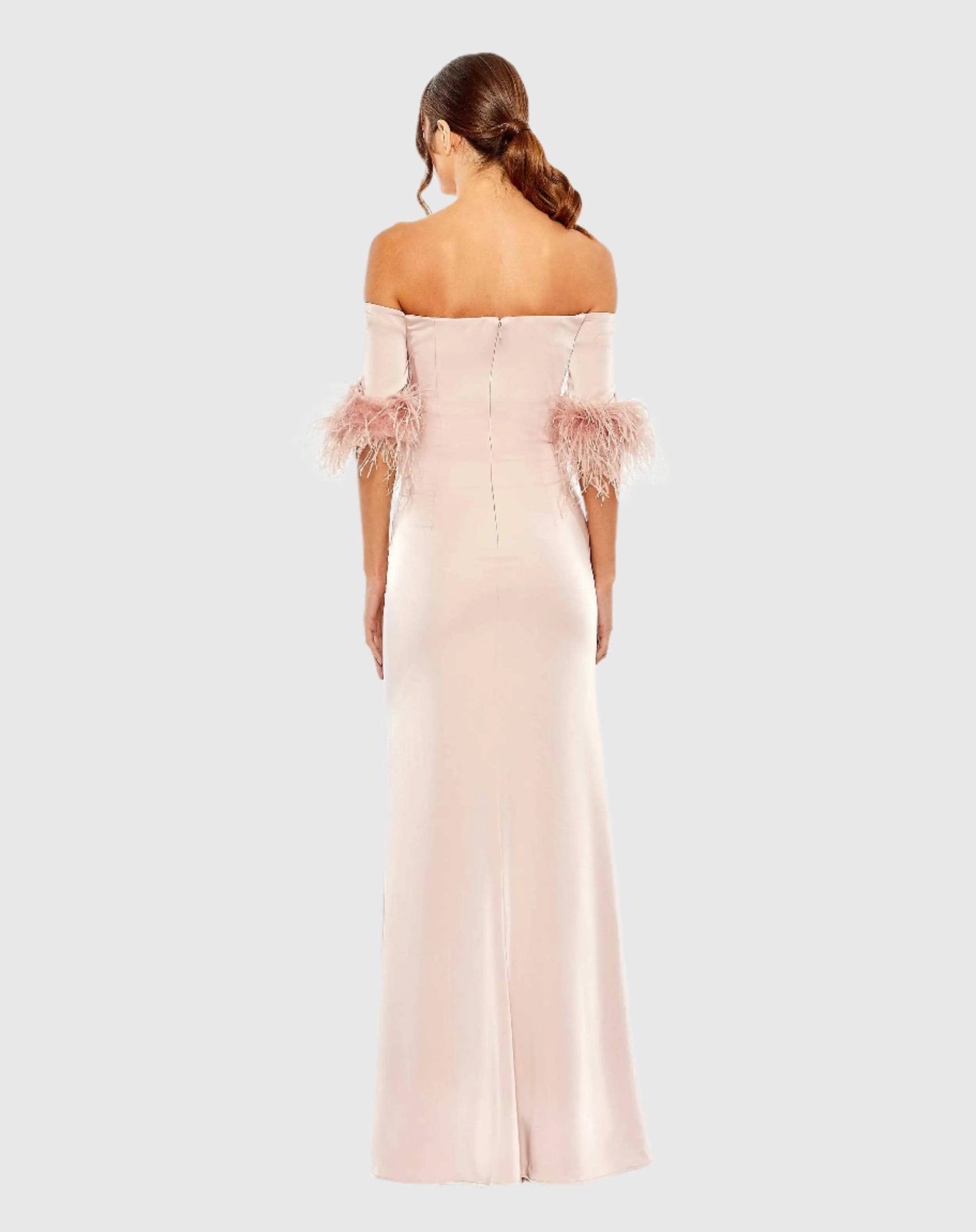 Pink Feather Trim Off The Shoulder Column Gown