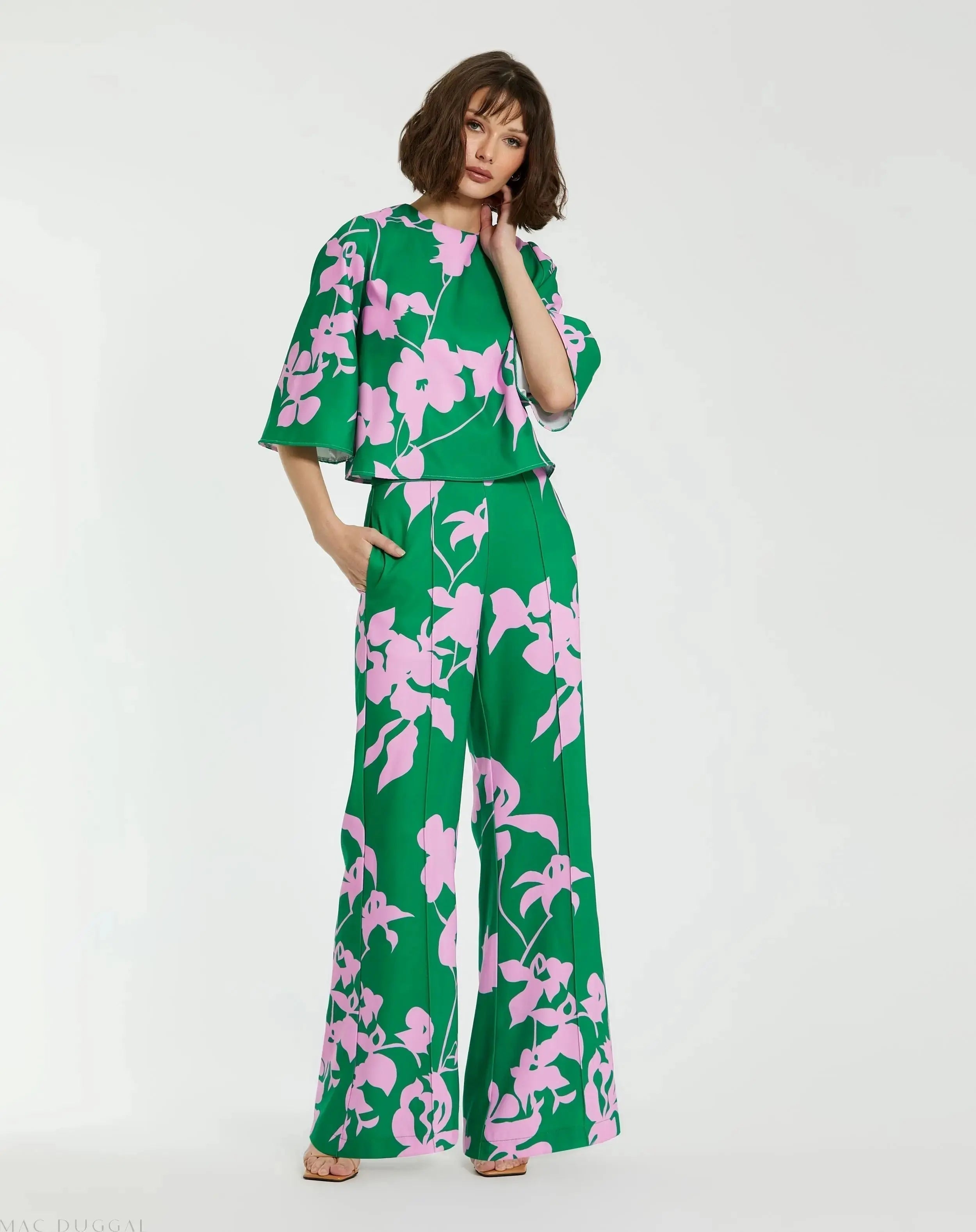 Green Printed Crepe 3/4 Bell Sleeve High Neck Top - FINAL SALE