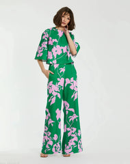 Green Printed Crepe 3/4 Bell Sleeve High Neck Top - FINAL SALE