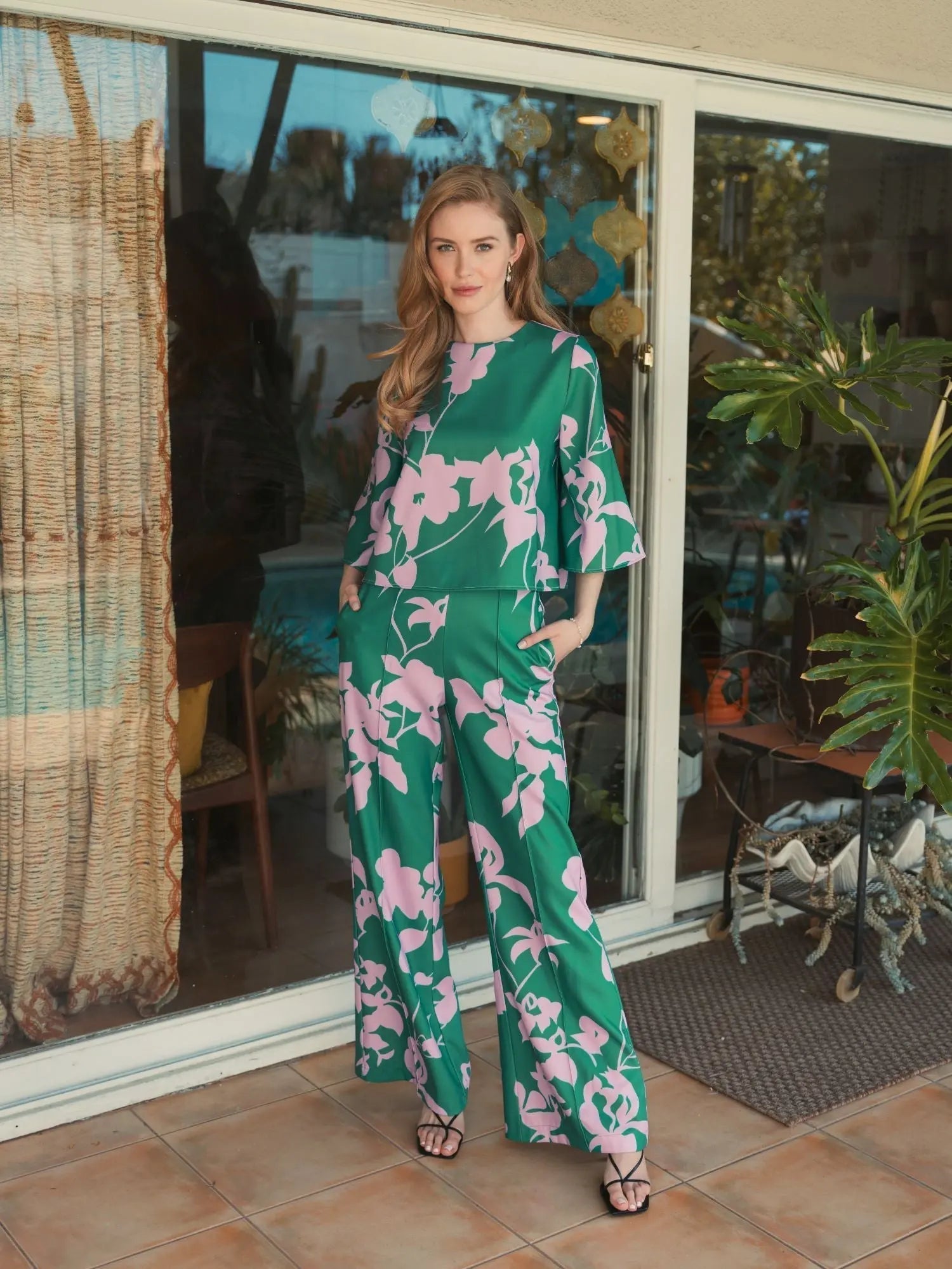 Green Printed Crepe 3/4 Bell Sleeve High Neck Top - FINAL SALE