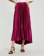 Purple Pleated Ankle Length Satin Pleated Skirt