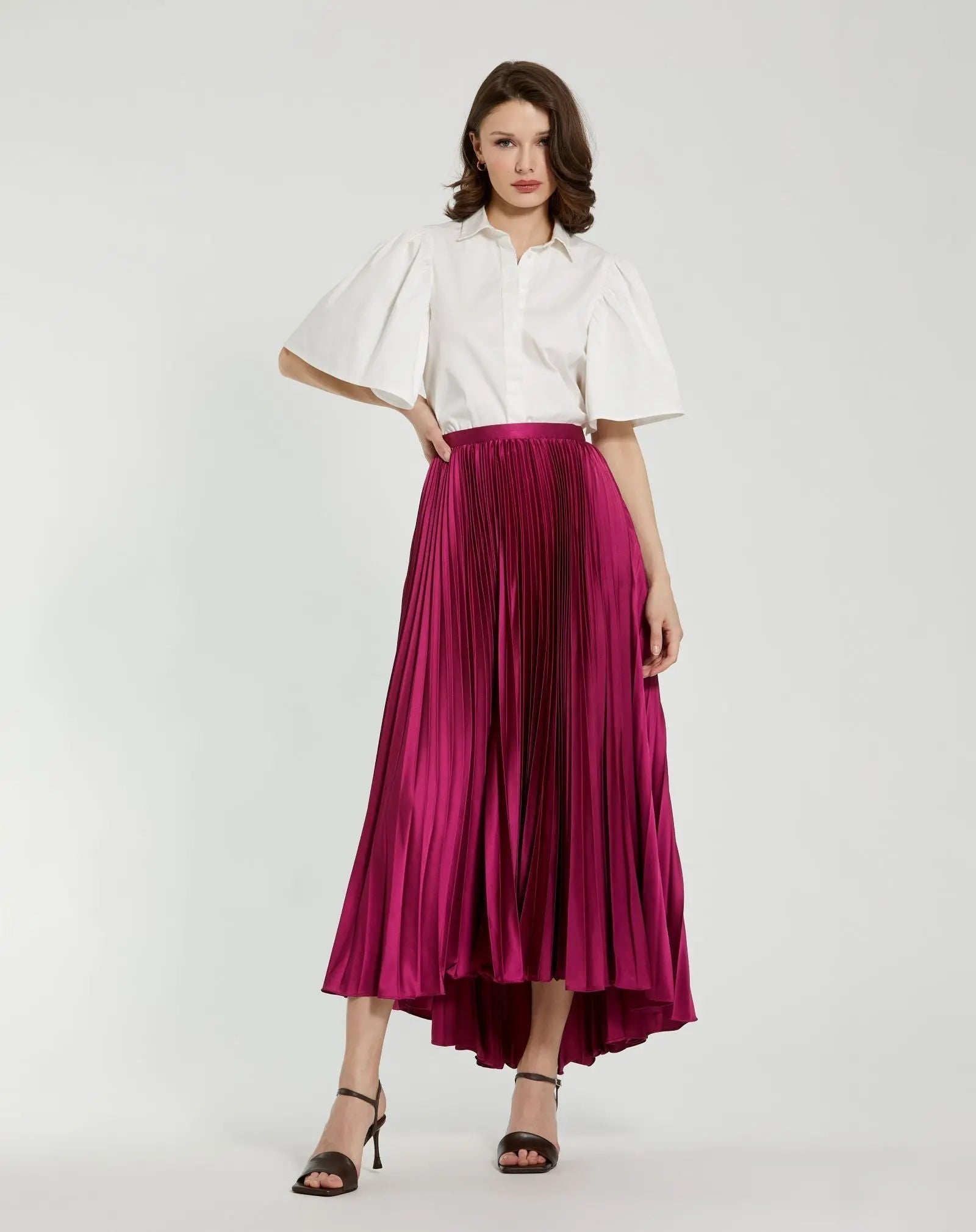 Purple Pleated Ankle Length Satin Pleated Skirt