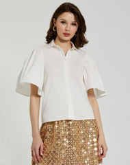 White Cotton Flare Ruffle Sleeve Button Up Top - FINAL SALE