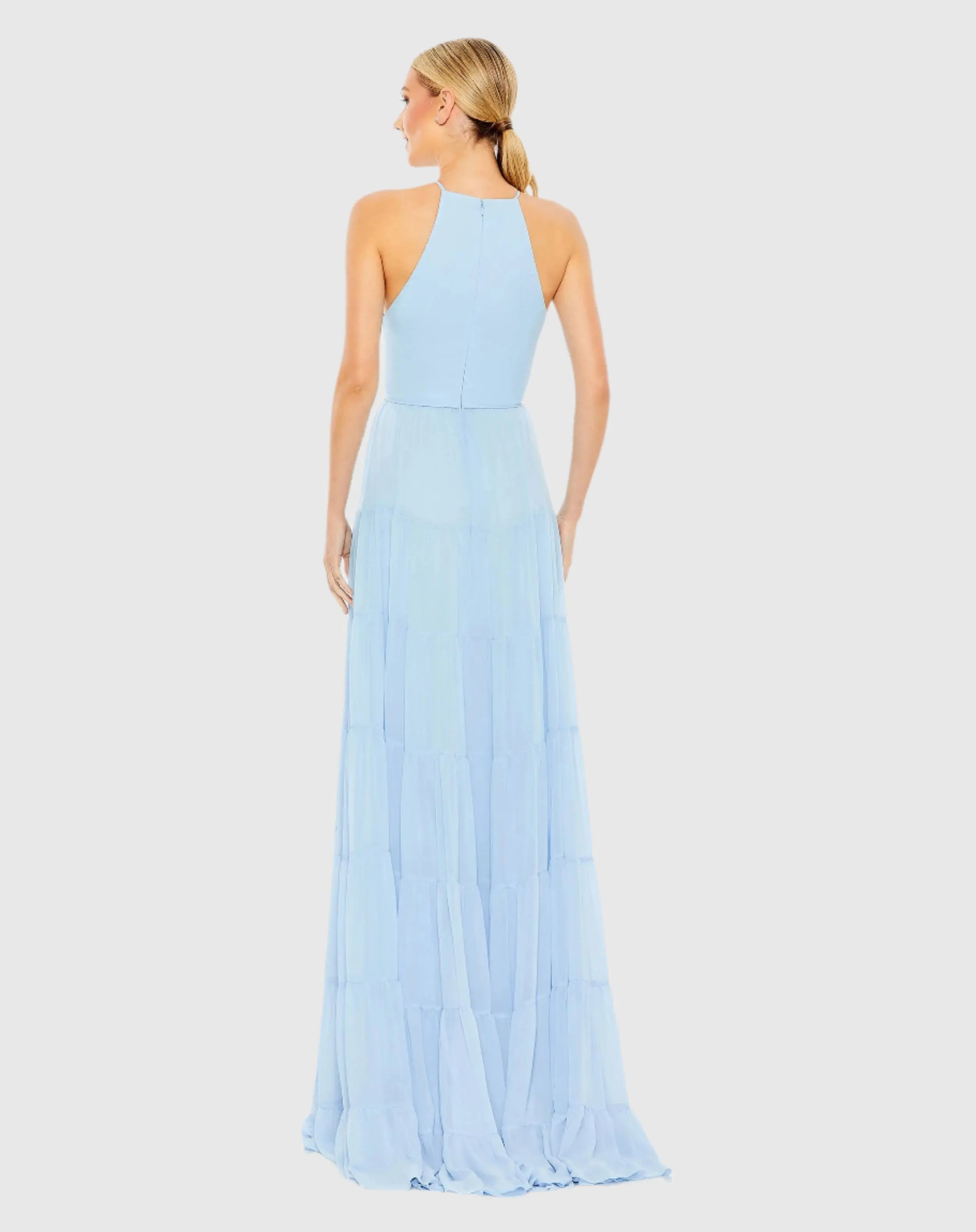 Blue Ruffle Tiered A Line Gown