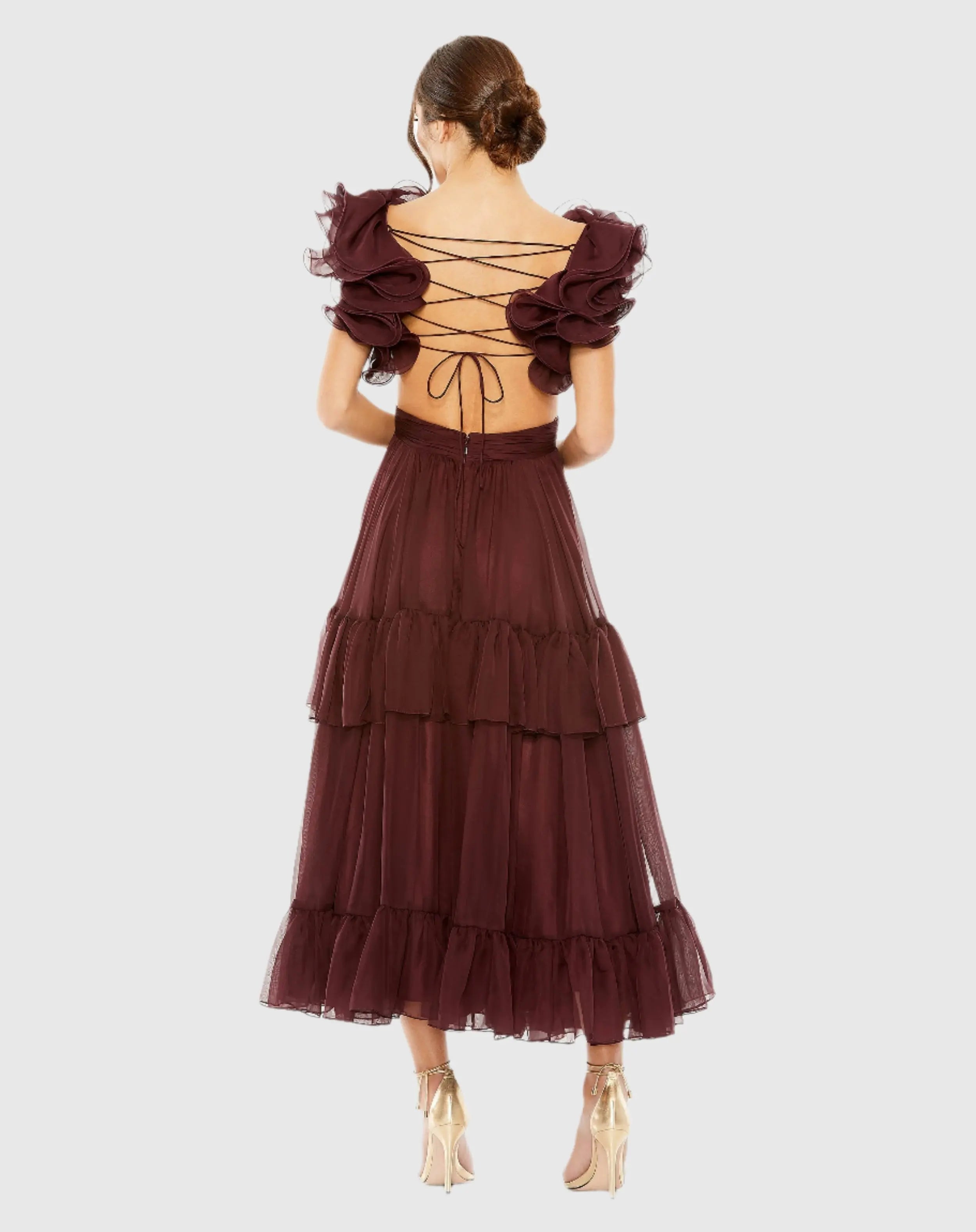 Dark Red Ruffle Tiered Cut-Out Chiffon Dress - FINAL SALE