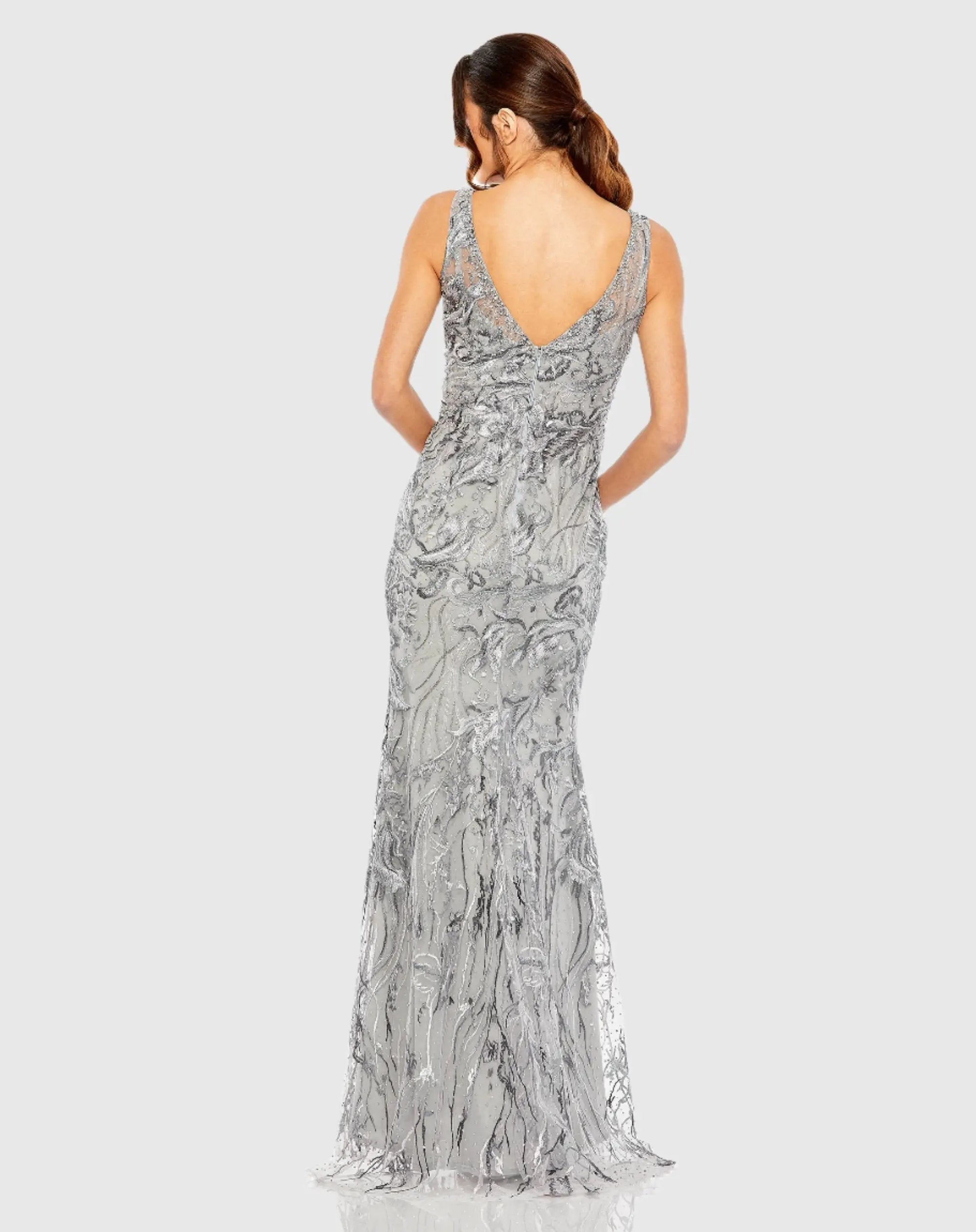 Gray Sleeveless High Neck Embroidered Gown