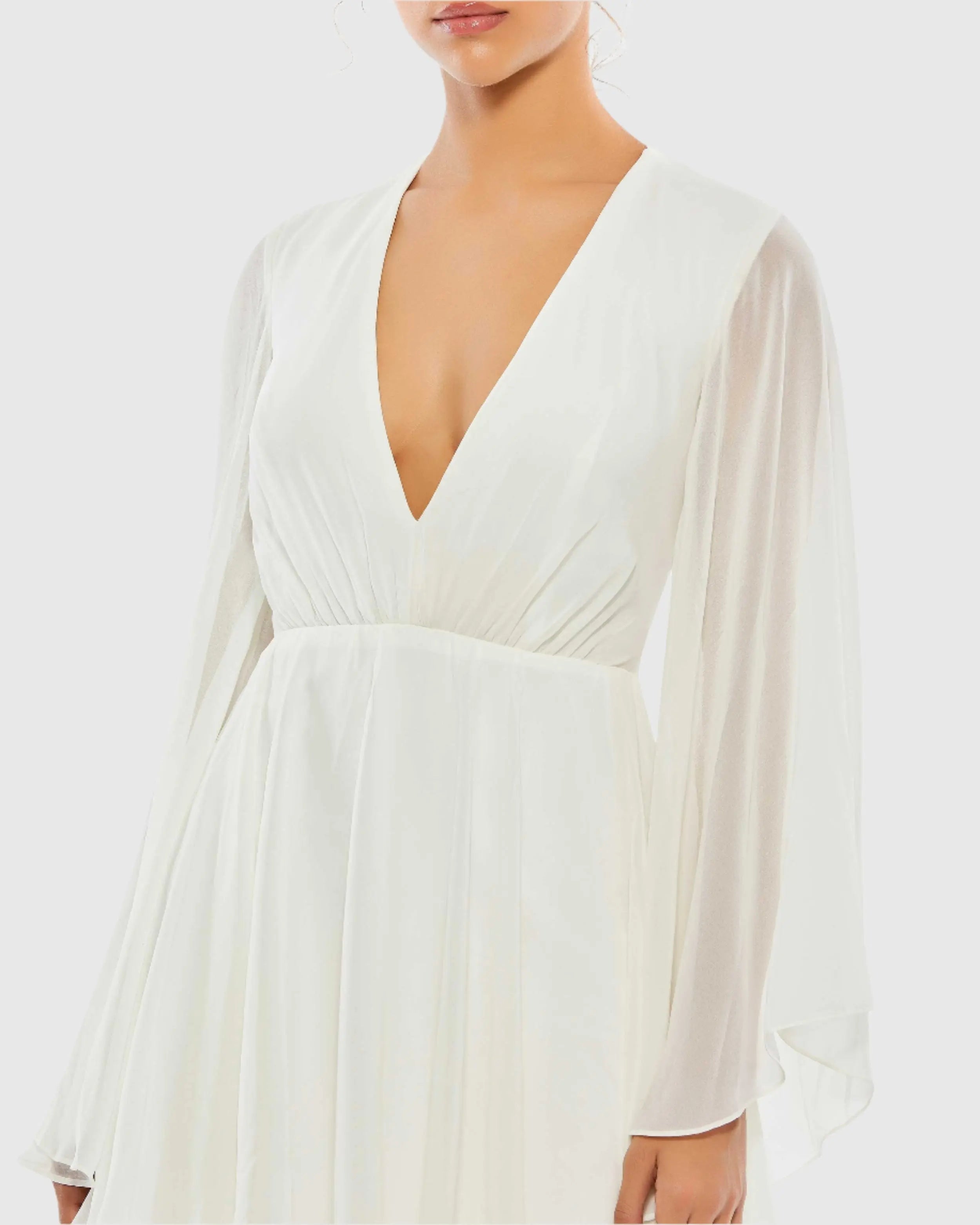 White Solid Flowy V Neck Illusion Sleeve Mini Dress