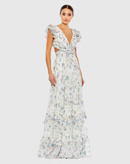 White Floral Ruffled Cut Out Flowy Maxi Dress